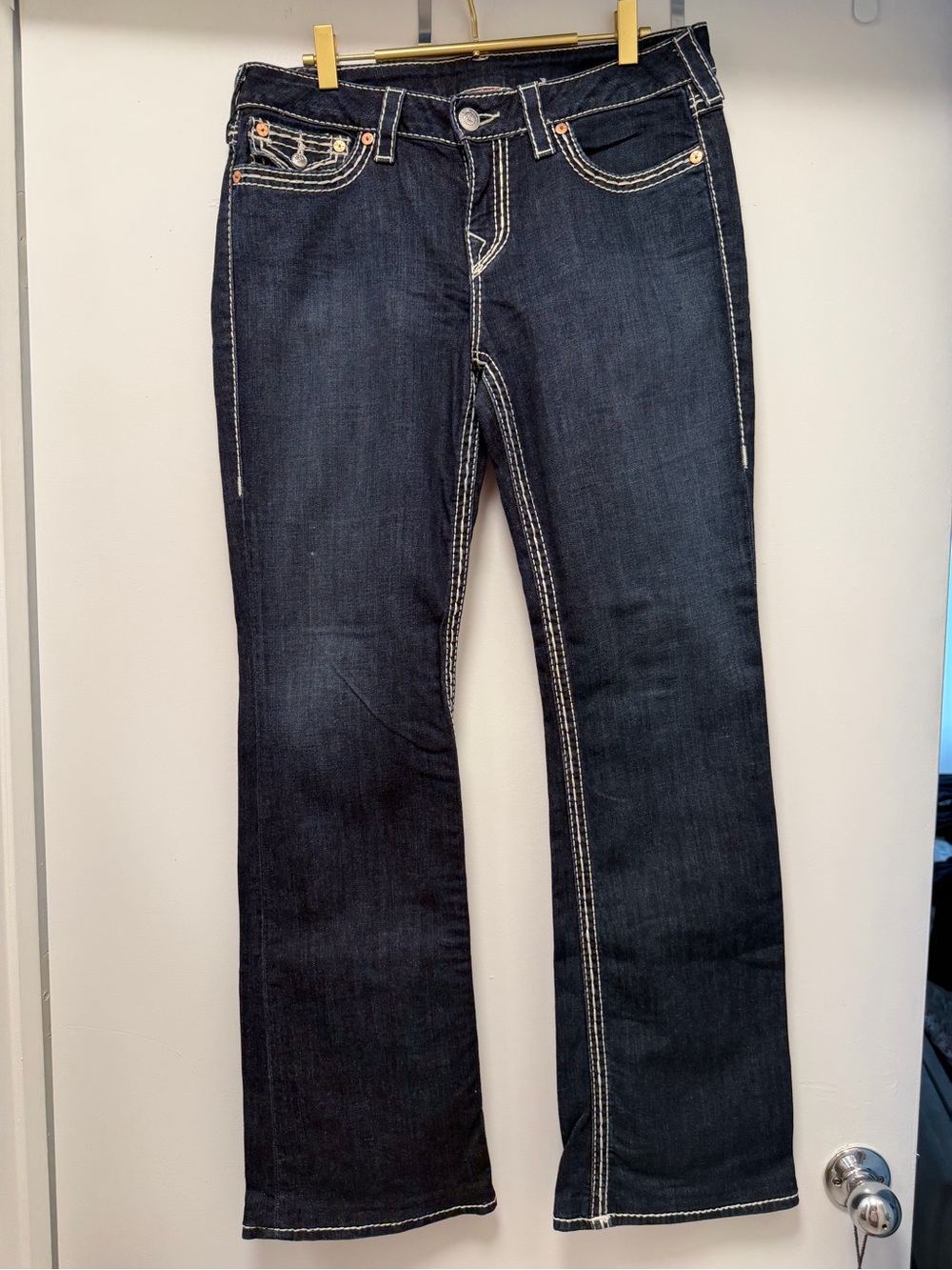 True Religion Dark Indigo Flare Jeans with Contrast Stitching